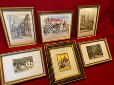 Collection of small framed German prints 2 on silk, 4 on paper