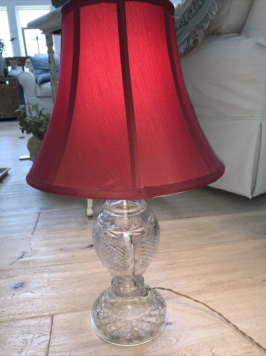 Vintage Lead Cut Crystal Table Lamp with Red Shade / Brass Trim 23” Height