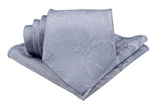 Mens Satin Paisley Tie Set : Necktie and Pocket Square - Regular Tie Dusty Blue