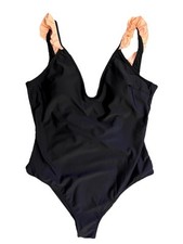 Cupshe One Piece Swimsuit Black w/Peach Ruffle Deep V Size XL NWT