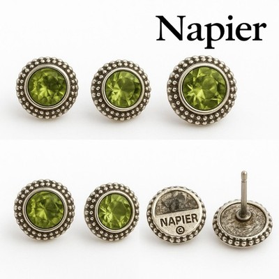 Napier Green Crystal Stud Earrings Round Silver-Tone Beaded Border Vintage Style