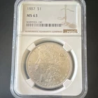 1887 Morgan Dollar Silver $1 Coin 0.9 Fineness MS 63 NGC Uncirculated Business