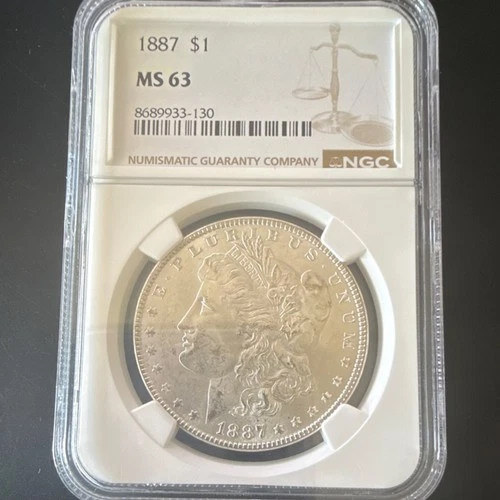 1887 Morgan Dollar Silver $1 Coin 0.9 Fineness MS 63 NGC Uncirculated Business