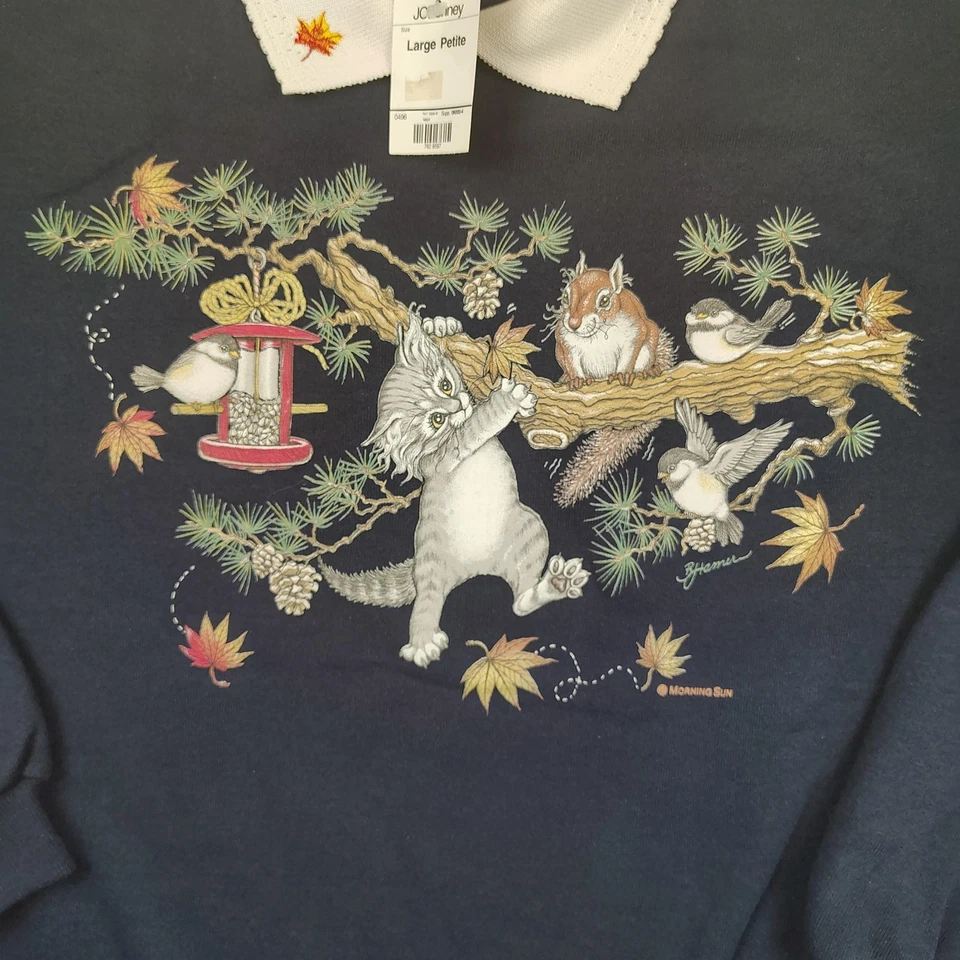 Sudadera De Colección Morning Sun Para Mujer Grande Pequeña Cuello Azul Marino Hecha en Gato EE. UU. 90s Foto 3 de 4