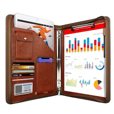Leather Padfolio Portfolio Organizer Zippered 3 Ring Binder Professional