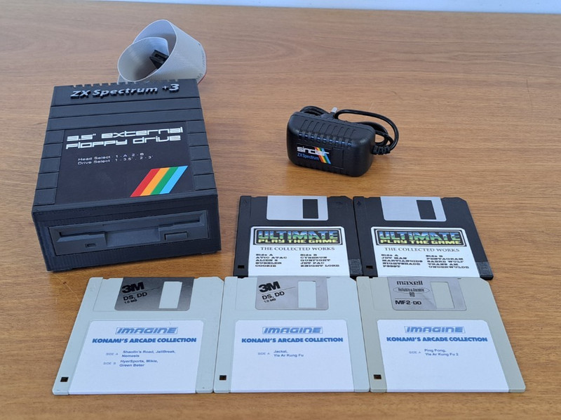 Sinclair ZX Spectrum 128k +3 External 3.5" Floppy Drive & PSU + Ultimate Konami