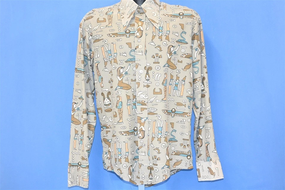 CAMISA DISCOTECA VINTAGE AÑOS 70 JEROGLÍFICOS EGIPCIOS GRIS NAILON CUELLO GRANDE L Foto 2 de 4