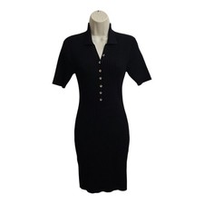 Guess By Marciano Black Ribbed  Polo Midi Dress Black Bodycon Button Front Sz S