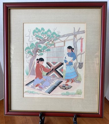 Harrison Begay Framed Silk Screen Print Navajo Women Weaving Loom Native America