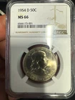 Franklin Half Dollar 50C 1954-D Denver Silver Business Strike NGC MS66