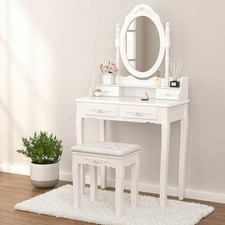Elegant Vanity Makeup Dressing Table Set Makeup Mirror 4 Drawers Desk with Stool