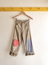 Vtg 50s youth kids cotton flannel lined work pants mended patchwork 24" 10Y