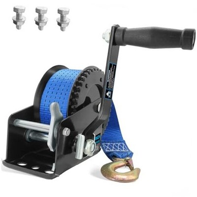 Boat Trailer Winch Hand Winch with 26ft Strap, 4:1 Gear Ratio Portable 1600LBS
