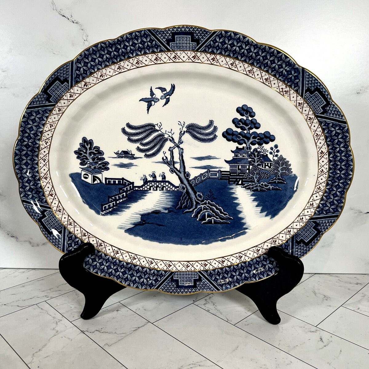 Vintage Booths Real Old Willow Blue White Oval Serving Platter 16