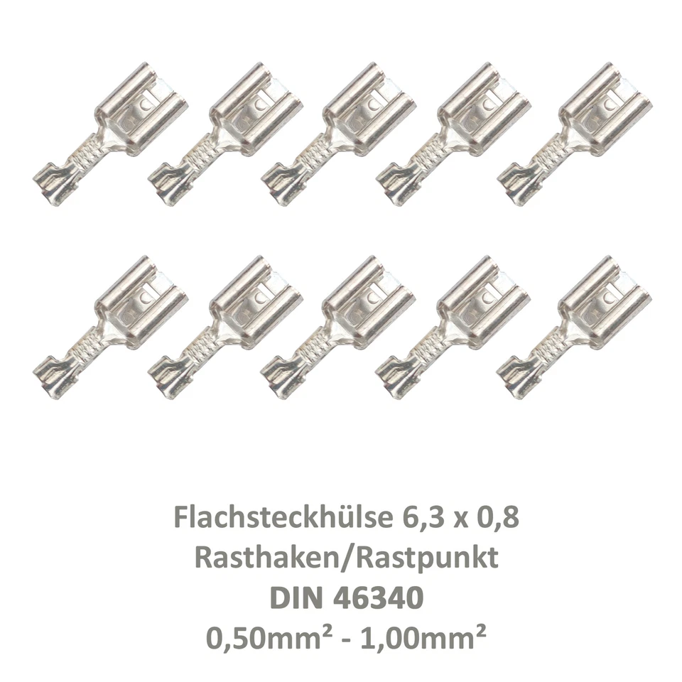 CABLE SOLUTION PLUS DEUTSCHLAND GMBH 10 Flachsteckhülse 6,3x0,8 Kabelschuh unisoliert 0,50²-1,00² DIN 46340 Rasthaken