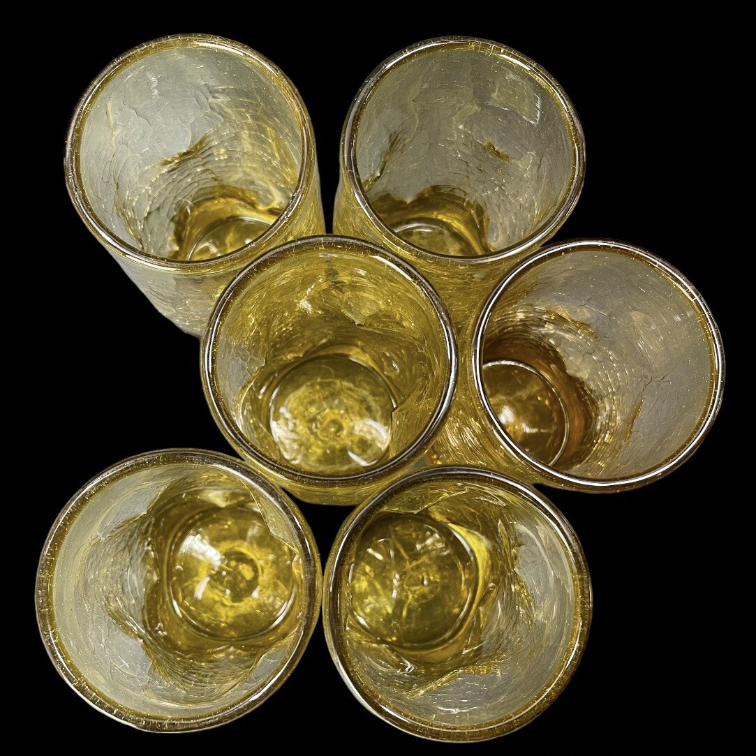 6 Vintage Blenko Tumblers Crackle Glass Dimpled Pinched Honey Amber 57