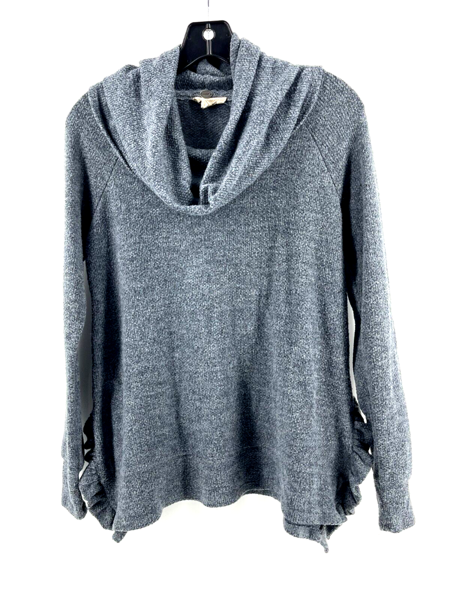 Cupio Women's Gray Long Sleeve Cowl Neck Knit Sweater Ruffle Slits Size  Small