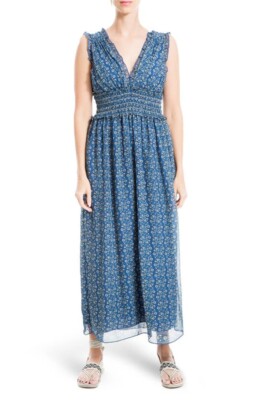 Max Studio Women's Petite Georgette Sleeveless V Neck Smocked