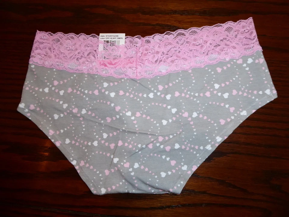 NWT JENNI COTTON SPANDEX HIPSTER BOYSHORT PANTIES LACE WAISTBAND grey hearts - Image 2 of 2