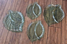 Green Leaf Glass Platter Sectional Serving Tray Kitchen Art Glassware 4pcs VTG