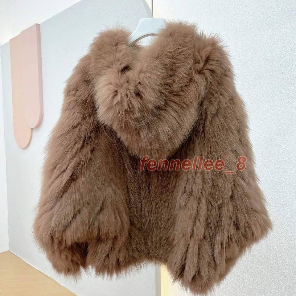 Mujeres Abrigo Tejido Piel de Zorro Real Con Capucha Manga de Murciélago Chaqueta Suelta Cálida Prendas de abrigo Prendas para el torso Foto 4 de 4