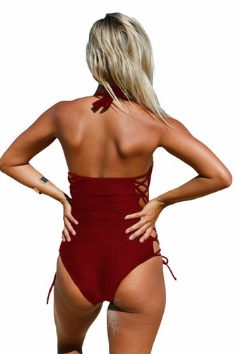 SWIMSUIT ONE PIECE "S" "M" "L" "XL" "XXL" Maroon Lace Up, Side Accent Swimsuit - 第 2/4 張圖片