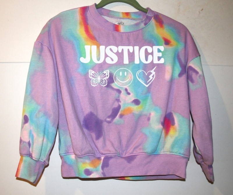 JUSTICE LOGO Tie Dye FLEECE SWEATSHIRT Girl’s  SMALL  7-8 Smile Heart Butterfly