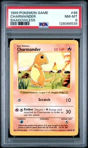 1999 POKEMON BASE SET SHADOWLESS #46 CHARMANDER PSA 8