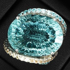 Luxurious Sky Blue Aquamarine Concave 26.85Ct 925 Sterling Silver Handmade Rings