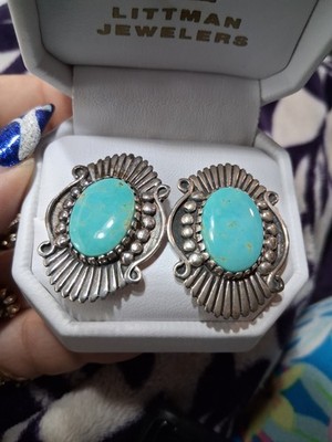 Angeline Miller AM Marked Native Navajo Turquoise Sterling Silver Earrings 
