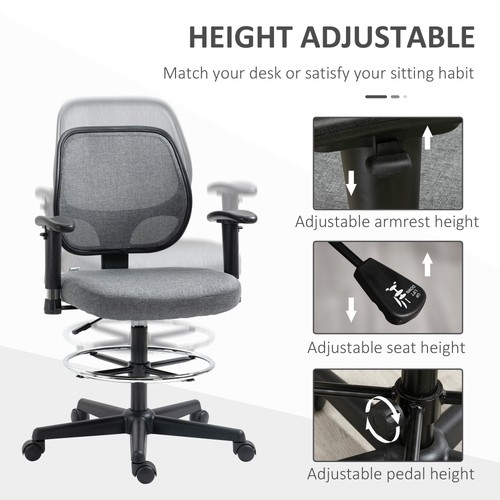 Ergonomic Drafting Chair Tall Office Stand Desk Chair with Foot Ring, Arm, Wheel - Picture 3 of 11