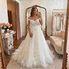 Off Shoulder Lace A-Line Wedding Dress Corset Bodice Floral Applique Tulle Skirt