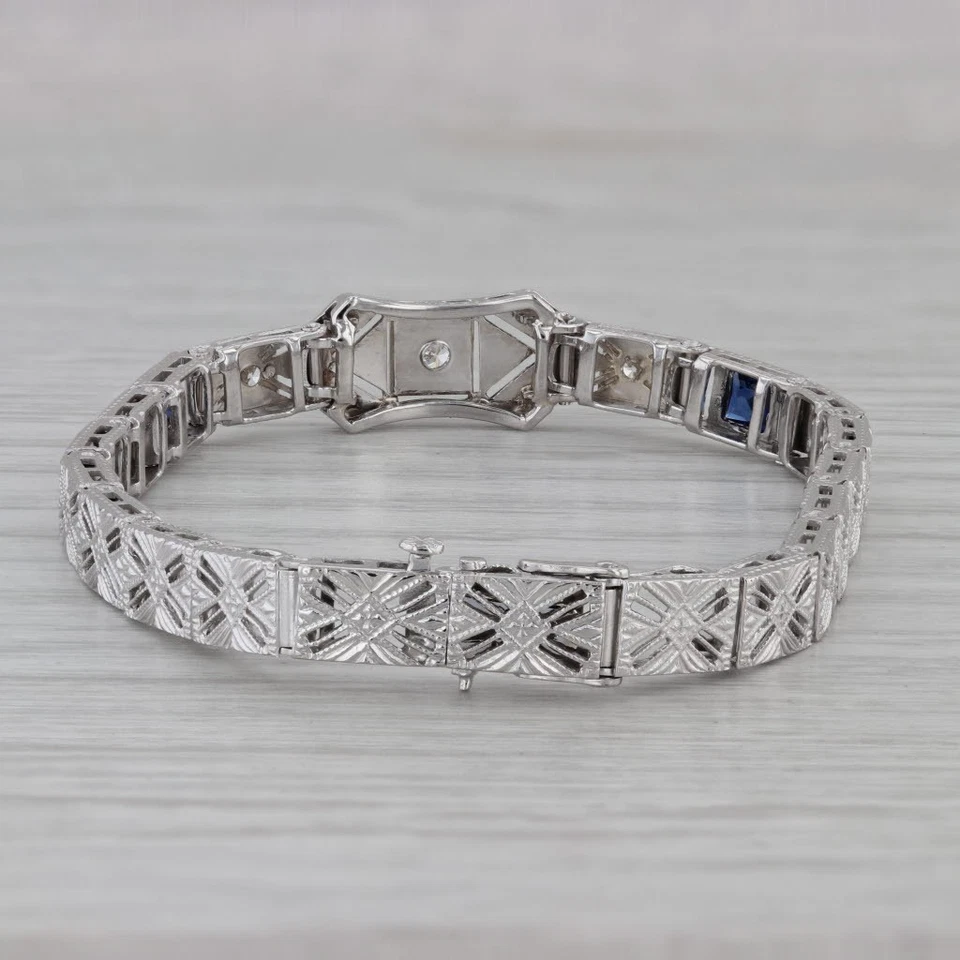 Art Deco 0.52ctw Diamond Lab Created Sapphire Bracelet 14k White Gold Platinum - Image 3 of 4