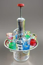 Vintage Park Sherman MCM Liquor Dispenser w/6 Shot Glasses Rotating Chrome Tray