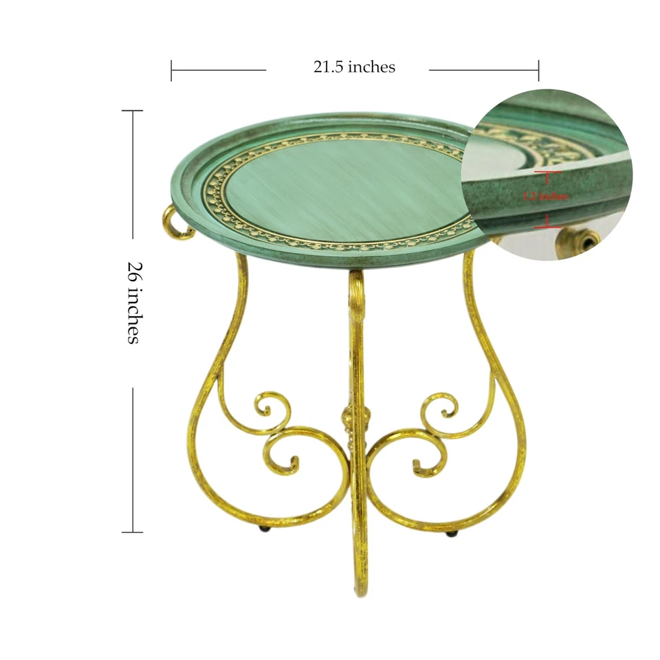 Mesa redonda vintage con tapa verde decorativa y pata de hierro con desplazamiento dorado... Foto 2 de 4