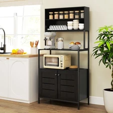 Baker's Rack, Coffee Bar Cabinet with Power Outlet, Black