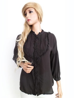 NU BY STAFF Damen Bluse Gr. XS Viskose 100% 3/4 Ärmel Rüsche Einfarbig Kragen