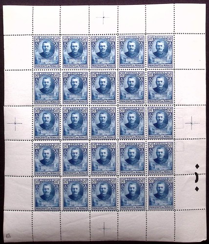 MONACO: 1923-1924 Complete 5 x 5 Sheet 50c Ultramarine Prince Louis II Examples