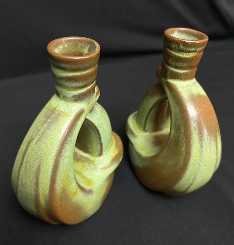 Frankoma Prairie Green 305 Candle Holders Pair Vintage