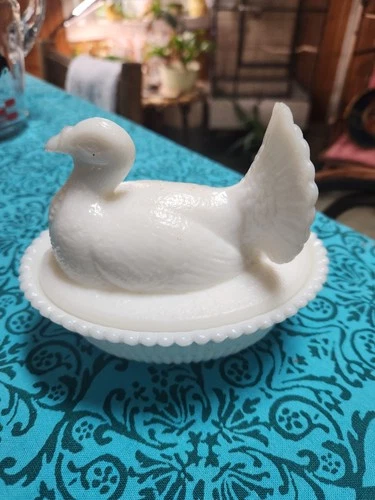 VTG Milk Glass Turkey on Nest Lidded Candy Dish trinket Dish Indiana Glass Co