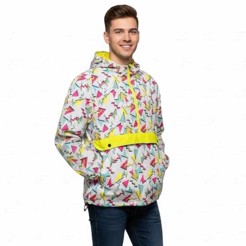 VTG 1999 BLACK JACK Men’s Multicolor Geometric Hooded Windbreaker Jacket Medium