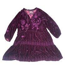 Johnny Was Ivey Velvet Field Tiered Dress Purple Floral Embroidered Mini Large