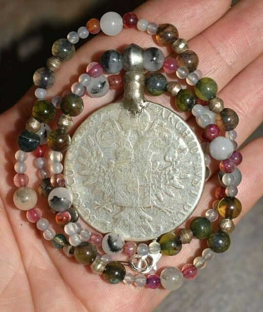 Antique Maria Theresa Thaler Silver Coin Ethiopian Amulet Necklace Stone Beads