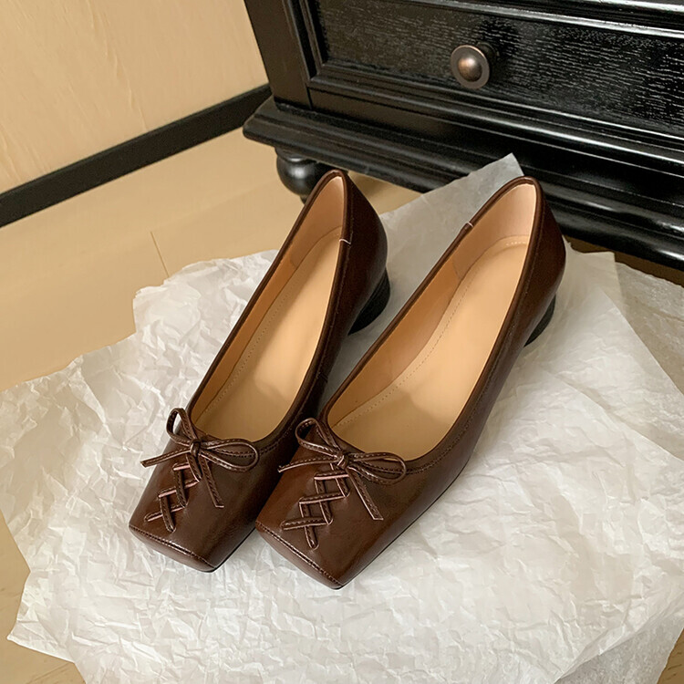 Womens 2024 Fashion Leather Square Toe Weave Bowtie Ballerina  