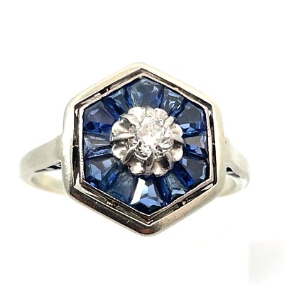 Art Déco Saphir Diamant Ring 750 WG Frankreich um 1925