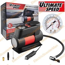 Ultimate Speed 12V Car Tyres Mini Air Compressor With LED Light + 3 Adaptors
