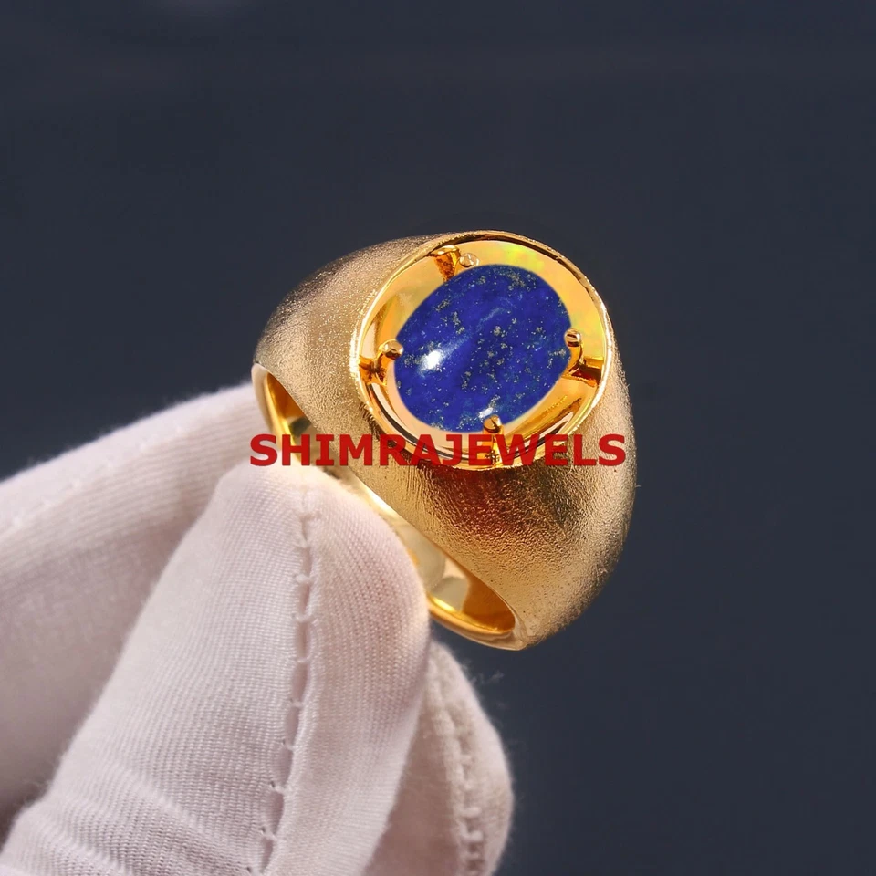 天然拉皮斯拉祖里宝石镀金 925 纯银男士戒指 #11 — 第 2/4 张图片