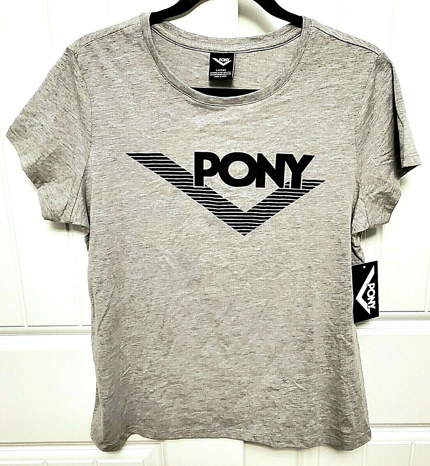 Nuova maglietta PONY da donna taglia Large Racer Stripe Core grigio erica logo $48 nuova con etichette