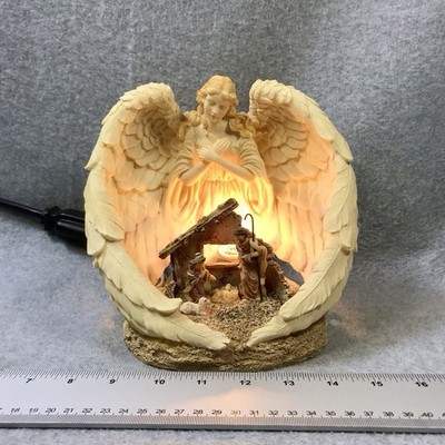 Guardian Angel Wings Surround Holy Family Lighted Nativity Scene Holiday Decor