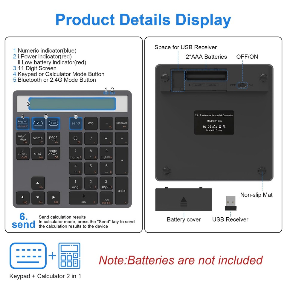 2.4G Wireless Numeric Keypad with Display Calculator 34-Key Numpad 2-in ...